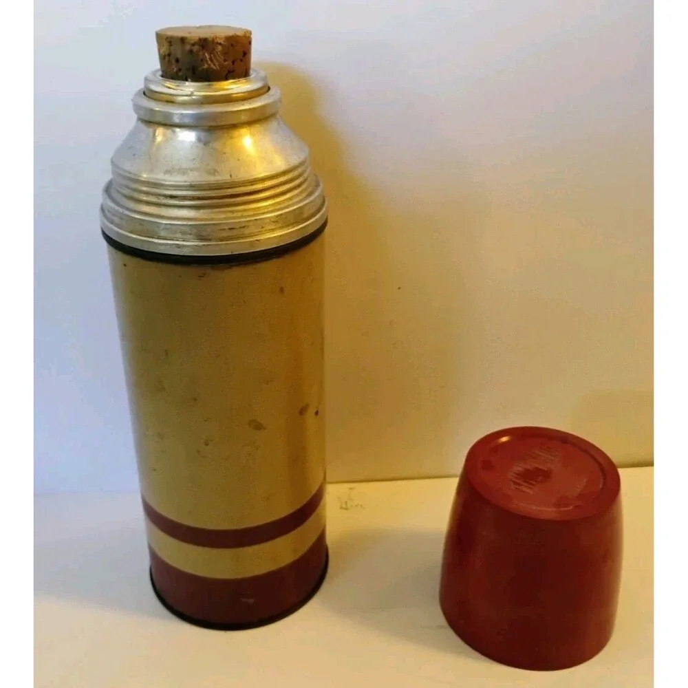 Vintage 1950s American Thermos Co Pint Flask 10 Oz Cork Stopper Maroon Tan